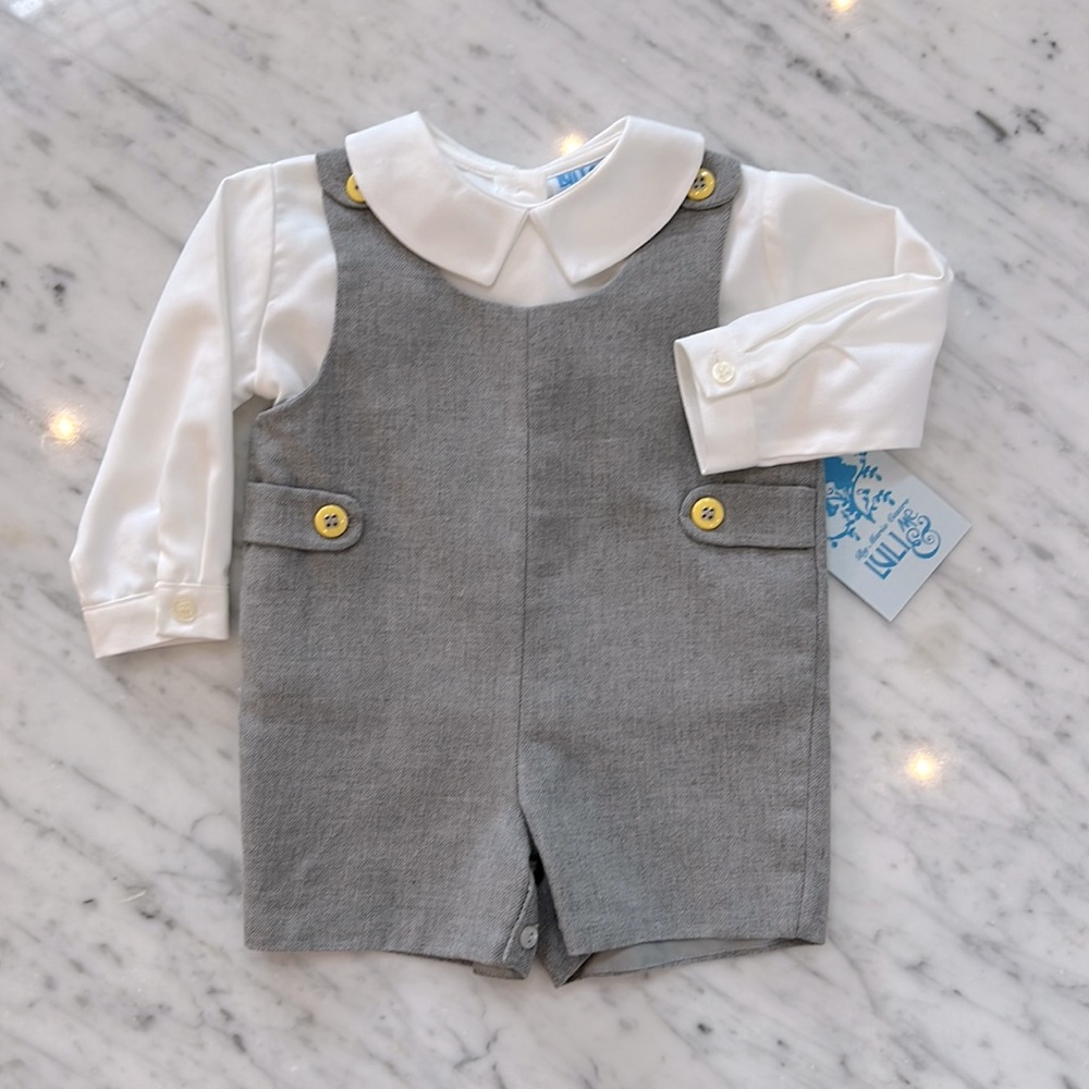 New Luli and Me Boys Grey John John Overall and White Shirt Set